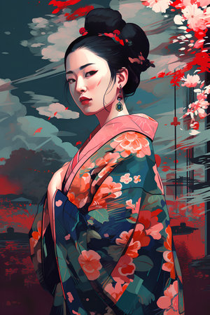 Beautiful asian woman in kimono. Vector illustration.の素材