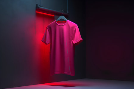 Shirt hanging on a hanger in the dark room. 3D renderingの素材