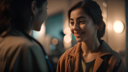 Beautiful young woman in beige coat smiling and looking at her reflection in mirrorの素材