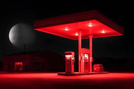 Gas station at night with full moon in the sky. 3d renderingの素材