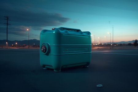 Green canister on the road in the evening. 3d renderingの素材