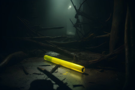 A yellow lighter on a dark background with a beam of light.の素材