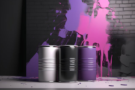Paint cans with purple and pink splashes on black wall backgroundの素材