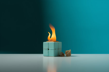 Blue gift box with burning candle on green background. 3D renderingの素材