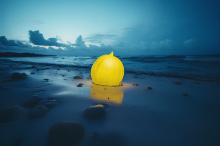 Yellow safety helmet on the beach at twilight time. Selective focus.の素材