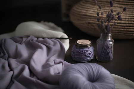 Woolen threads in a glass vase with lavender flowers on a wooden tableの素材
