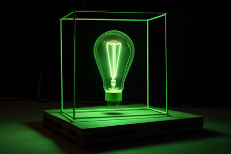 Green light bulb in a glass cage on a dark background. 3d renderingの素材