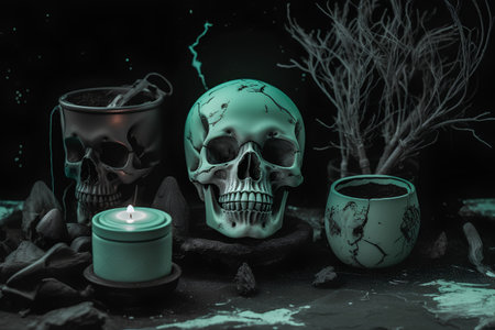 Halloween still life with skull and candle on black background, 3d renderの素材