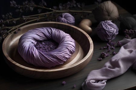 Purple wool yarn in a wooden bowl with dried flowers on a dark backgroundの素材