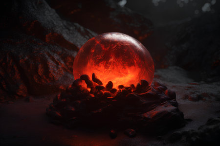 Red crystal ball on the ground. 3D illustration. Fantasy composition.の素材