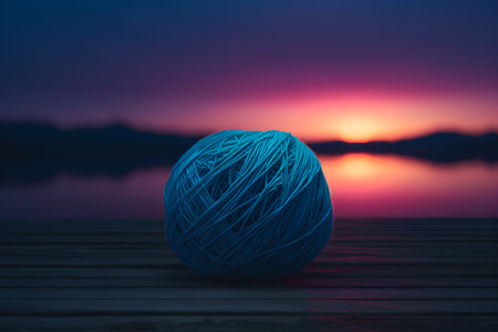 Blue ball of yarn on a wooden table against the background of a sunsetの素材