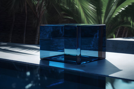 Blue glass cube on a black background with palm leaves. 3d renderingの素材