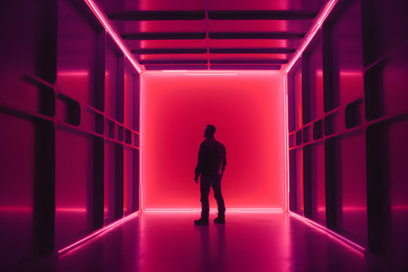 Man standing in front of a glowing neon tunnel. 3D Renderingの素材