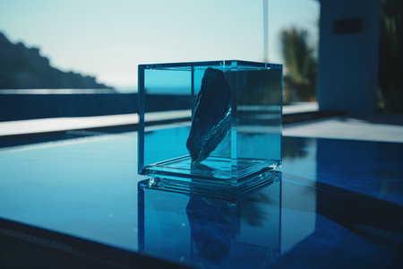 Blue glass vase on the table in the swimming pool. 3d renderingの素材