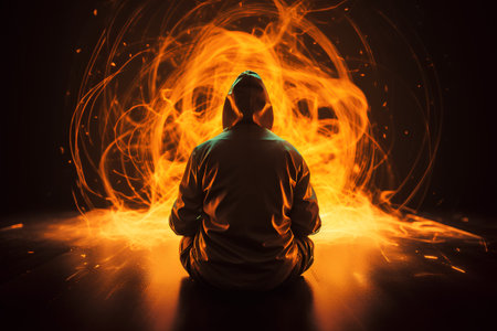 Man in hood sitting on floor and looking at fire on dark backgroundの素材