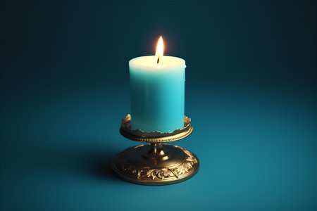 3d rendering of a candle in a candlestick on a blue backgroundの素材