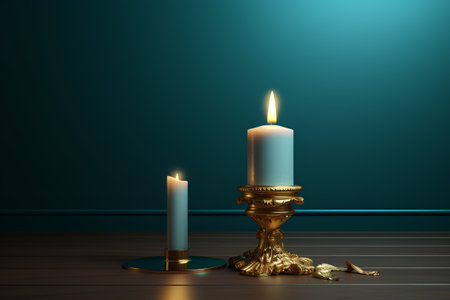 3d render of a candlestick with a burning candle on a wooden floorの素材
