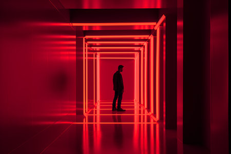 Silhouette of a man in a red corridor with neon lights. 3d renderingの素材