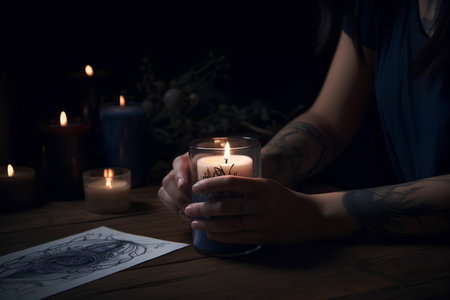 Close up of tattooed female hands holding a burning candle on a dark backgroundの素材
