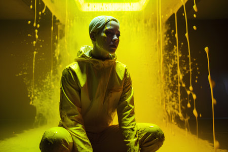 Man in a yellow raincoat sitting on a floor in a dark roomの素材