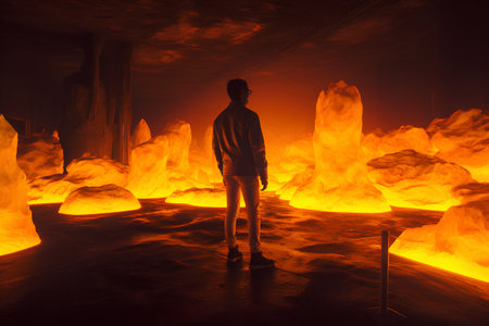 3D illustration of a man standing in a cave with smoke and fireの素材