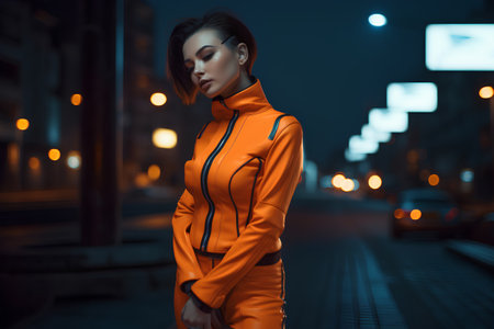 Fashionable woman in orange jumpsuit posing on the street at night.の素材
