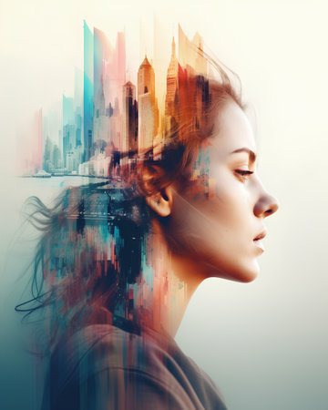 Double exposure portrait of young beautiful woman with cityscape in the backgroundの素材