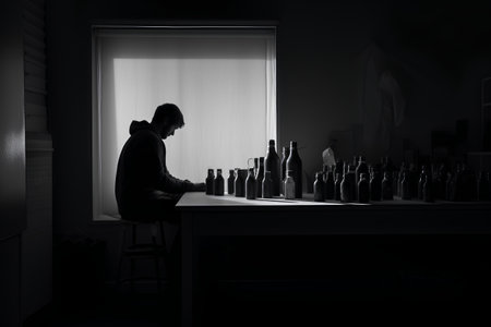 A silhouette of a man sitting at a bar counter with bottles of wineの素材