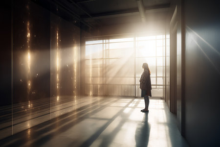 Back view of young businesswoman standing in modern office interior with sunlight. Success concept. 3D Renderingの素材