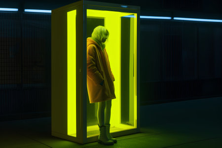 Woman in a yellow raincoat looking at a neon light in a subway stationの素材