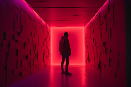 Man in front of a glowing red wall. 3D Renderingの素材