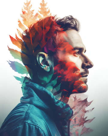 Double exposure portrait of a man with autumn leaves in his hair.の素材
