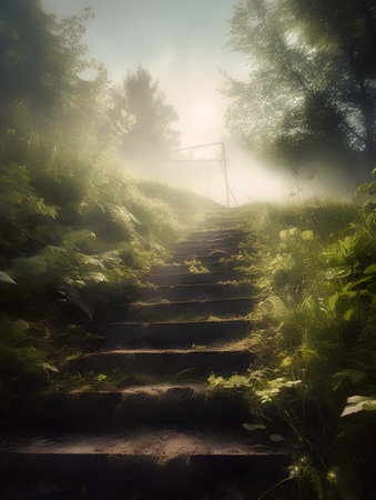 Staircase in the forest at sunrise. Beautiful summer landscape.の素材