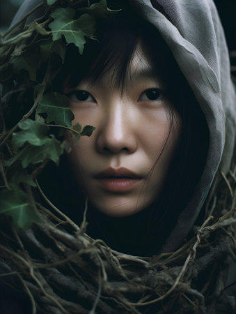Young asian woman with ivy on her face, vintage toneの素材