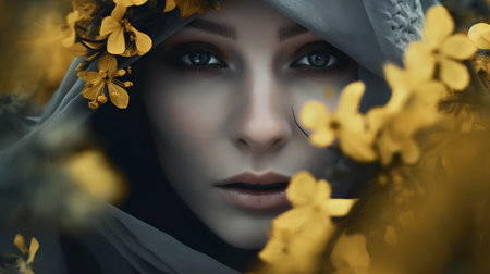 Beautiful young woman with yellow flowers in her hair. Beauty, fashion.の素材