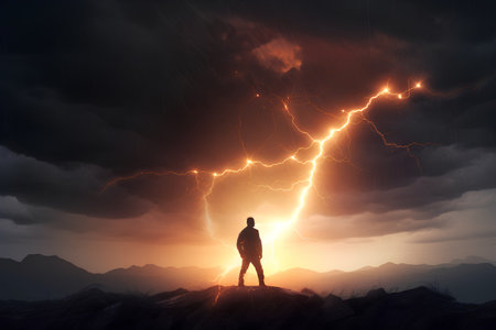 Conceptual image of man standing on rock and looking at lightningの素材