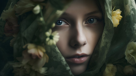 Portrait of beautiful young woman with flowers in headscarf.の素材