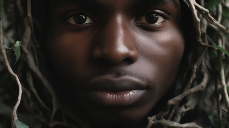 Close-up portrait of young african american man with green eyesの素材