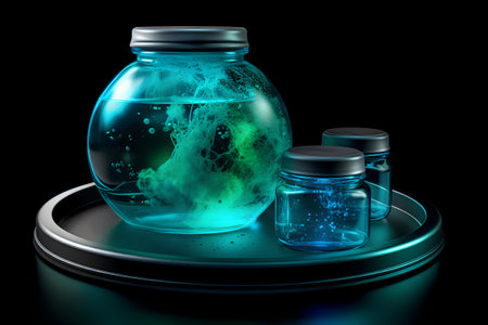 3d render of glass jar with green and blue liquid inside isolated on black backgroundの素材