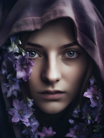 Portrait of a beautiful girl with purple flowers in her hair.の素材