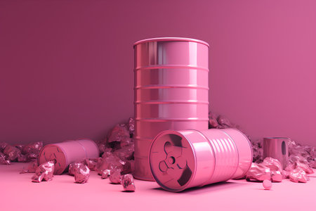 Plastic barrels and trash on a pink background. 3d renderingの素材