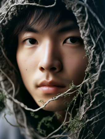 Portrait of a young asian man in a tree forest.の素材