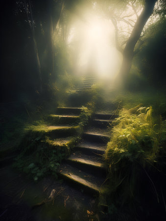 Staircase leading up to the sun in a misty forestの素材