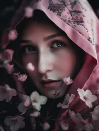 Portrait of a beautiful young woman with pink veil and flowers.の素材