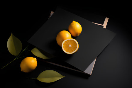 Creative layout made of lemons and leaves on black background. Flat lay, top view, copy spaceの素材