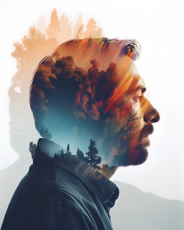 Double exposure portrait of young man with abstract forest in the background.の素材