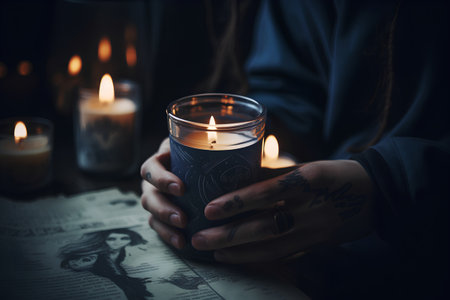 Hands of a woman holding a burning candle in a dark roomの素材