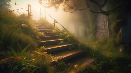 Mysterious old staircase in the foggy forest. 3d renderingの素材