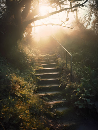 Staircase in the forest at sunrise. Beautiful autumn landscape.の素材