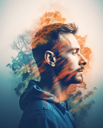 Double exposure portrait of a young man in profile with abstract forest backgroundの素材